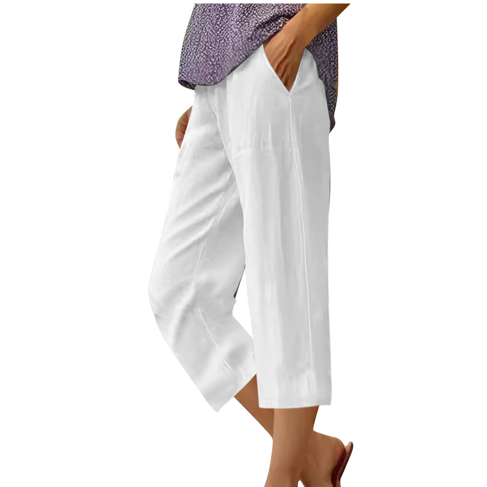 yillto Women's Plus Size Capri Pants Cotton Linen Elastic Waist Shorts Casual Straight Shorts with Pockets